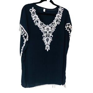 Yincro Embroidered Tunic Top Women XL XXL Navy Tassel Fringe Beach Swim Cover Up